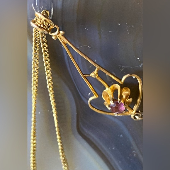 Antique Victorian Edwardian 10K Yellow Gold Lavaliere & Chain Gem Pearl Stamped - Picture 6 of 16